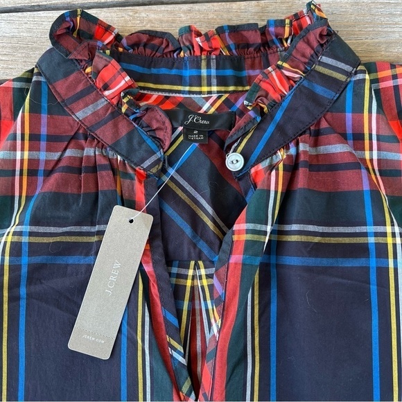 J. Crew Stewart Tartan Plaid Ruffle Collar Sleeveless Blouse Sz 2 NWT Red Black - Picture 7 of 10